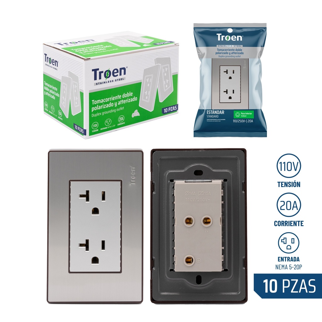 TOMA DOBLE C/TIERRA ACERO INOX 20A TROEN 8-512