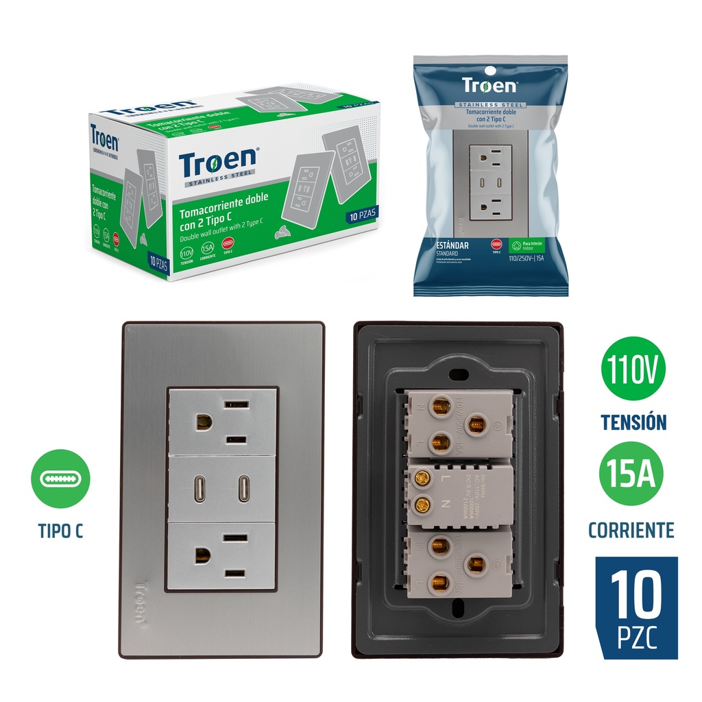 TOMA DOBLE C/TIERRA C/PUERTO TIPO C ACERO INOX TROEN 8-513