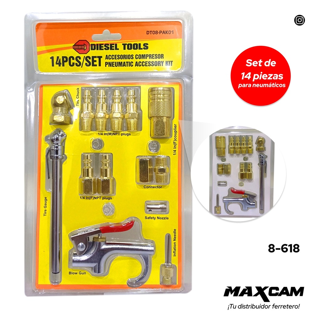 JUEGO DE ACOPLES P/COMPRESOR 14 PCS DIESEL T 8-618