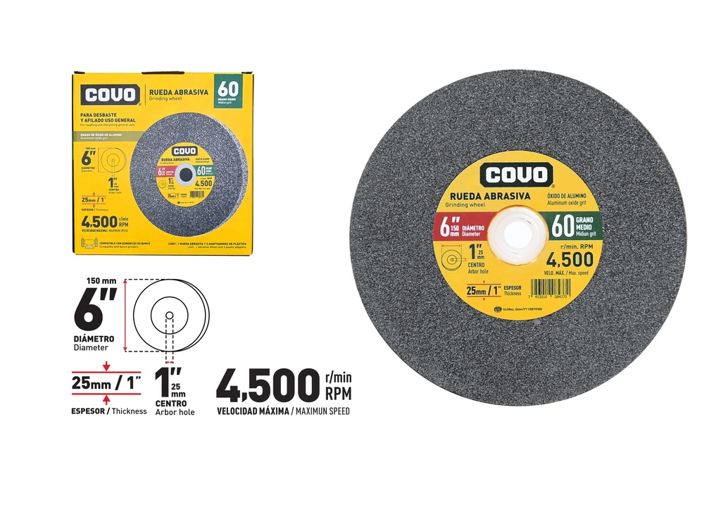 DISCO P/ESMERIL D/BANCO G60 6" x 25MM COVO 8-667