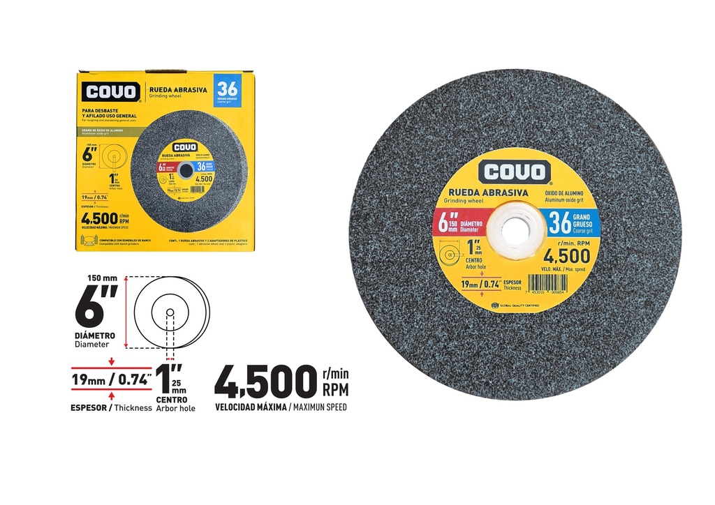 DISCO P/ESMERIL D/BANCO G36 6" x 19MM COVO 8-668