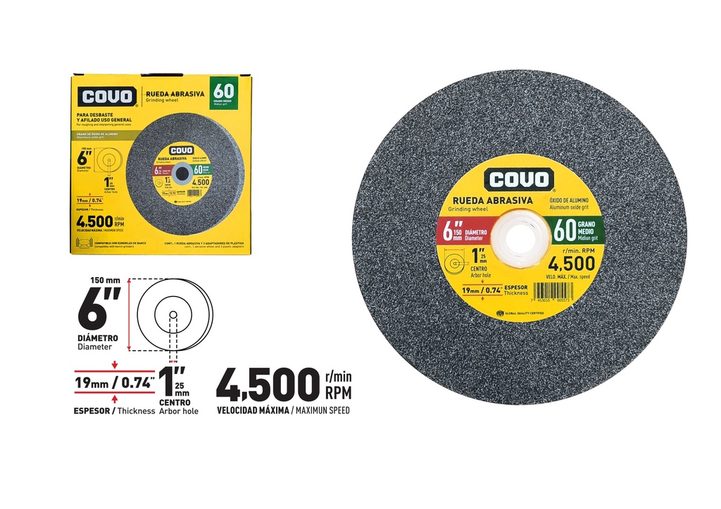 DISCO P/ESMERIL D/BANCO G60 6" x 19MM COVO 8-669