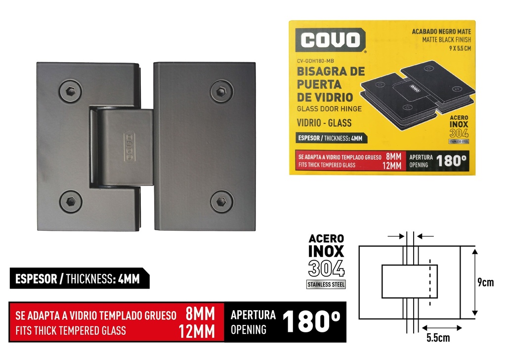 BISAGRA P/PUERTA DE VIDRIO NEGRA COVO 8-820