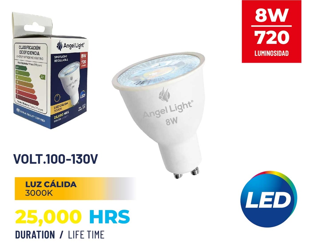 BOMBILLO DICROICO LED 8W GU10 LUZ CALIDA ANGEL L 8-827
