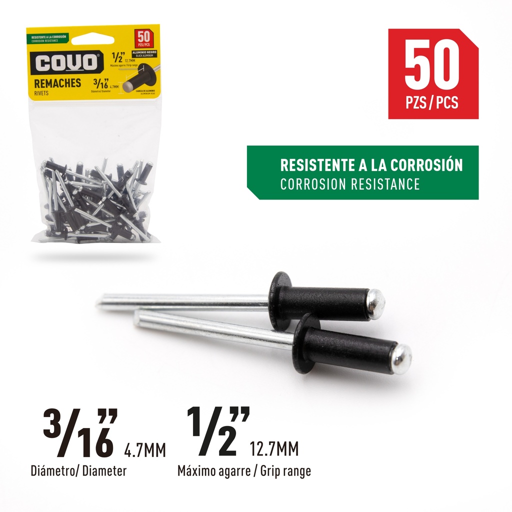 REMACHES 3/16 X 1/2" x 50 UNID NEGRO COVO 8-851