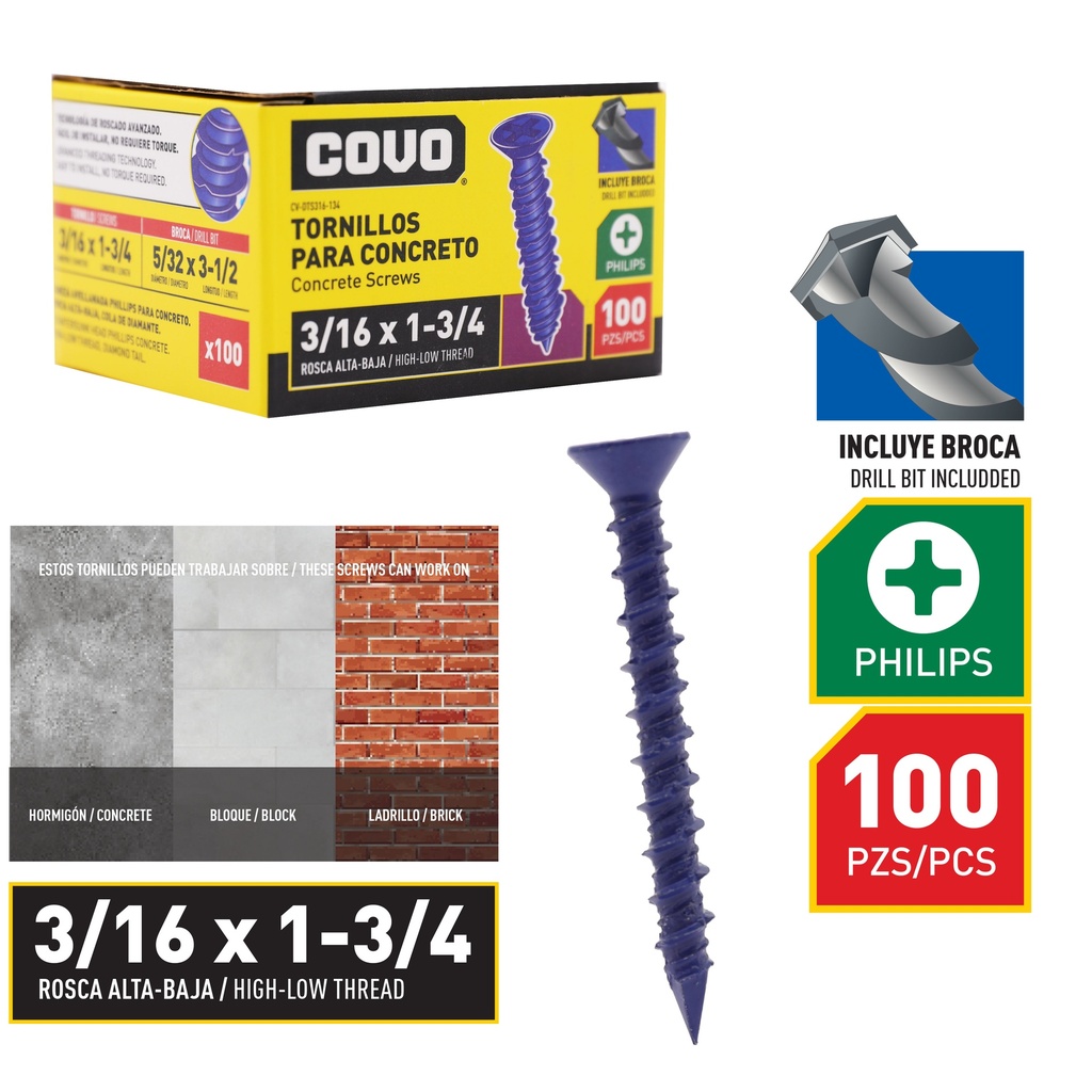 TORNILLO P/CONCRETO 3/16" x 1 3/4" x 100 UNID COVO 8-861