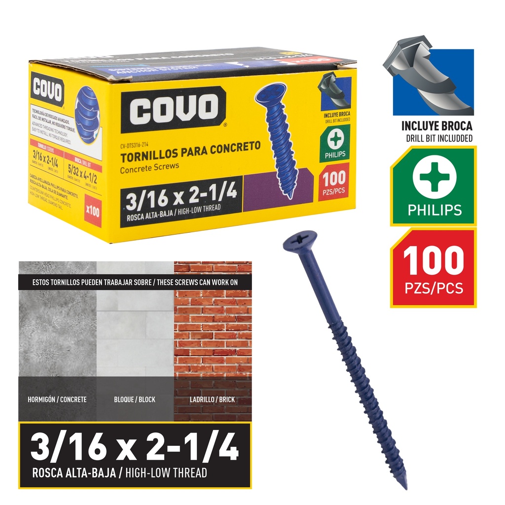 TORNILLO P/CONCRETO 3/16" x 3 1/4" x 100 UNID COVO 8-865