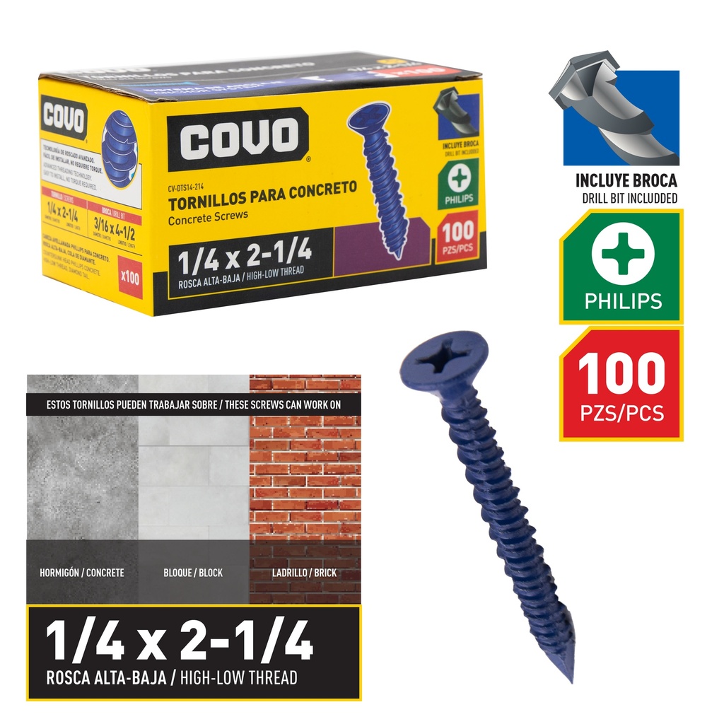 TORNILLO P/CONCRETO 1/4" x 2 1/4" x 100 UNID COVO 8-869