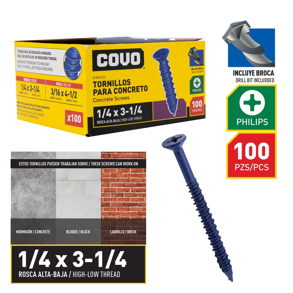 TORNILLO P/CONCRETO 1/4" x 3 1/4" x 100 UNID COVO 8-871