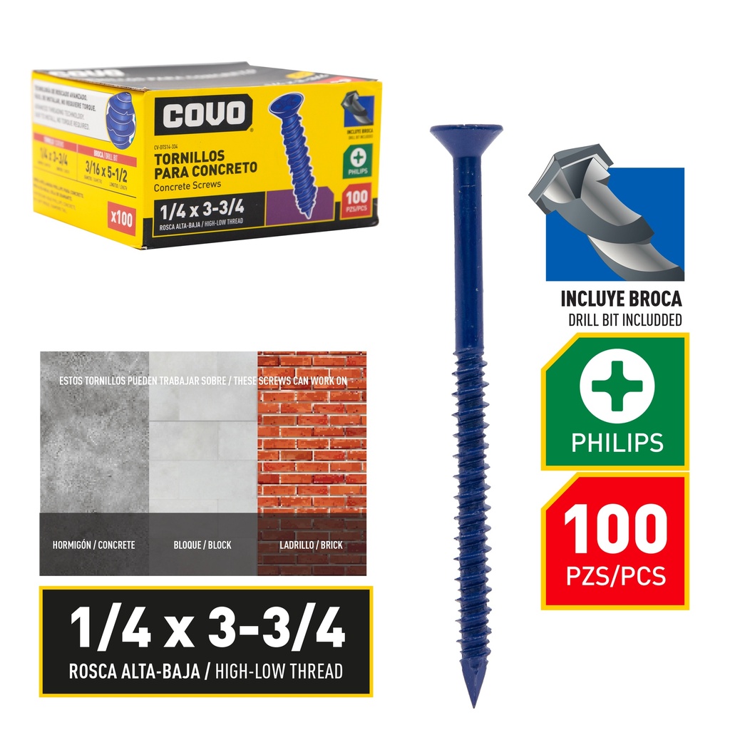 TORNILLO P/CONCRETO 1/4" x 3 3/4" x 100 UNID COVO 8-872