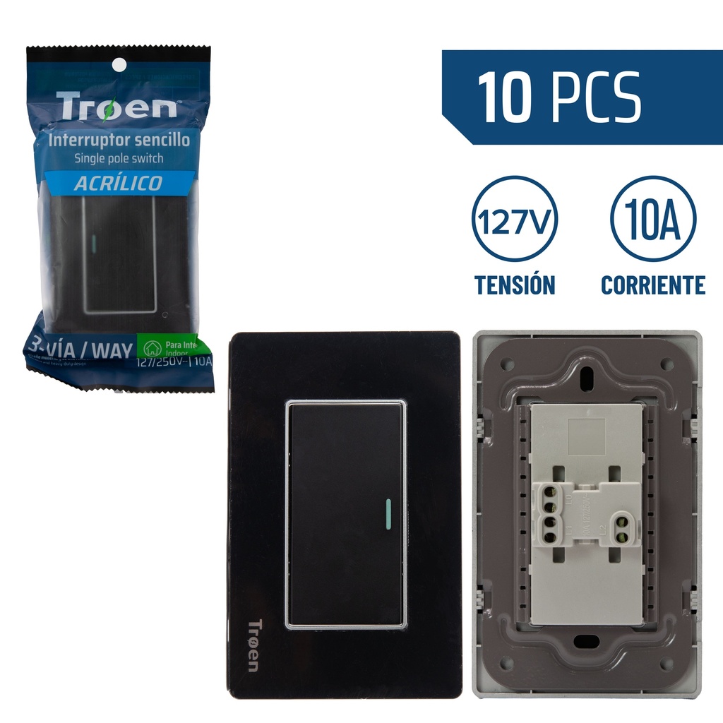INTERRUPTOR SENCILLO ACRILICO NEGRO 3 WAY TROEN 8-925