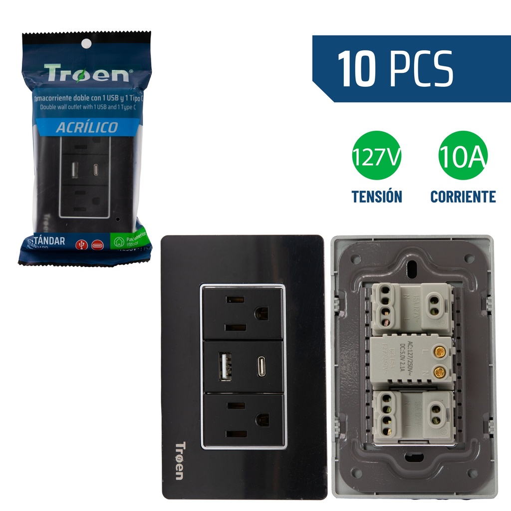TOMA DOB C/TIER C/PORT USB + TIPO C ACRILICO NEGRO TROEN 8-929