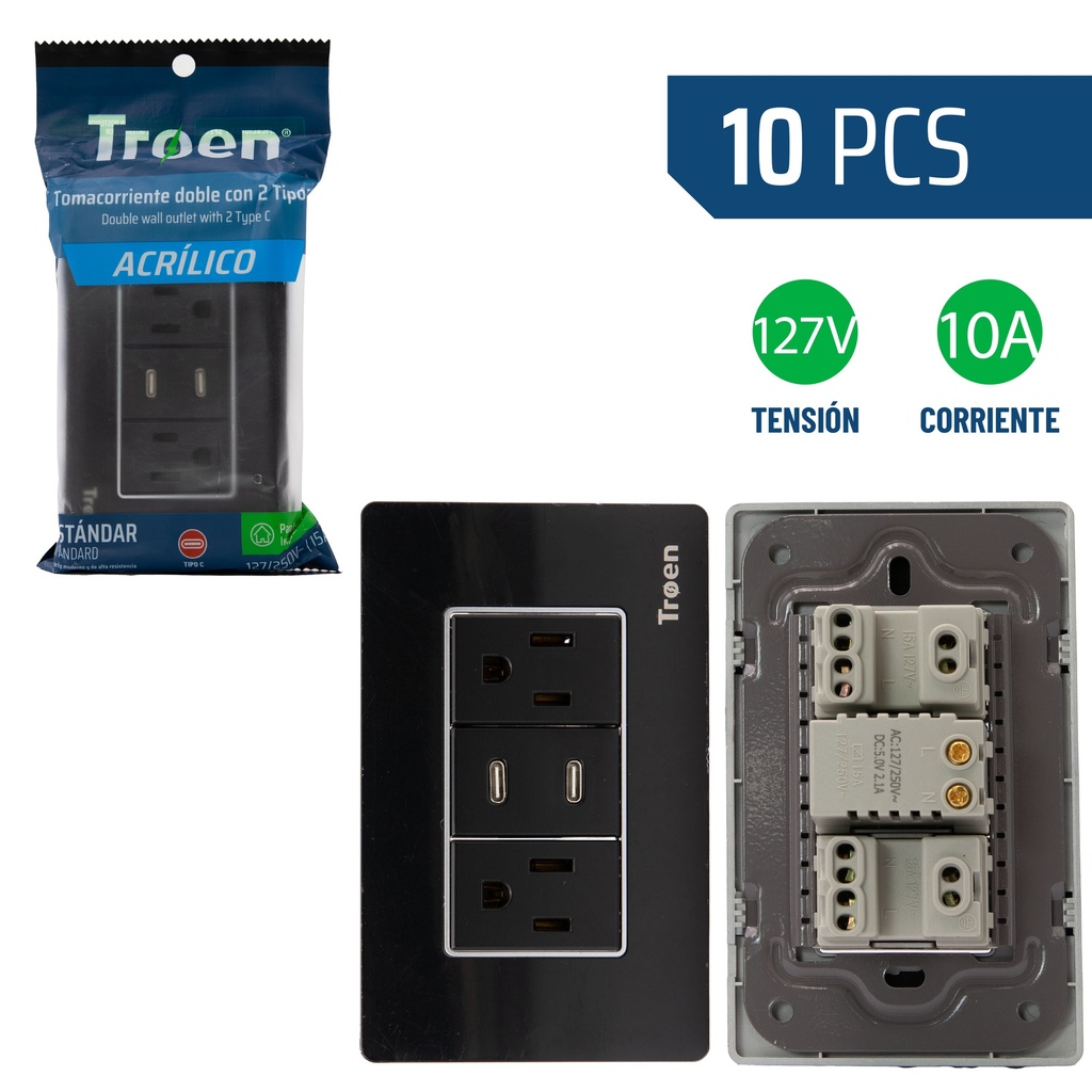 TOMA DOBLE C/TIERRA C/PUERTO TIPO C ACRILICO NEGRO TROEN 8-930