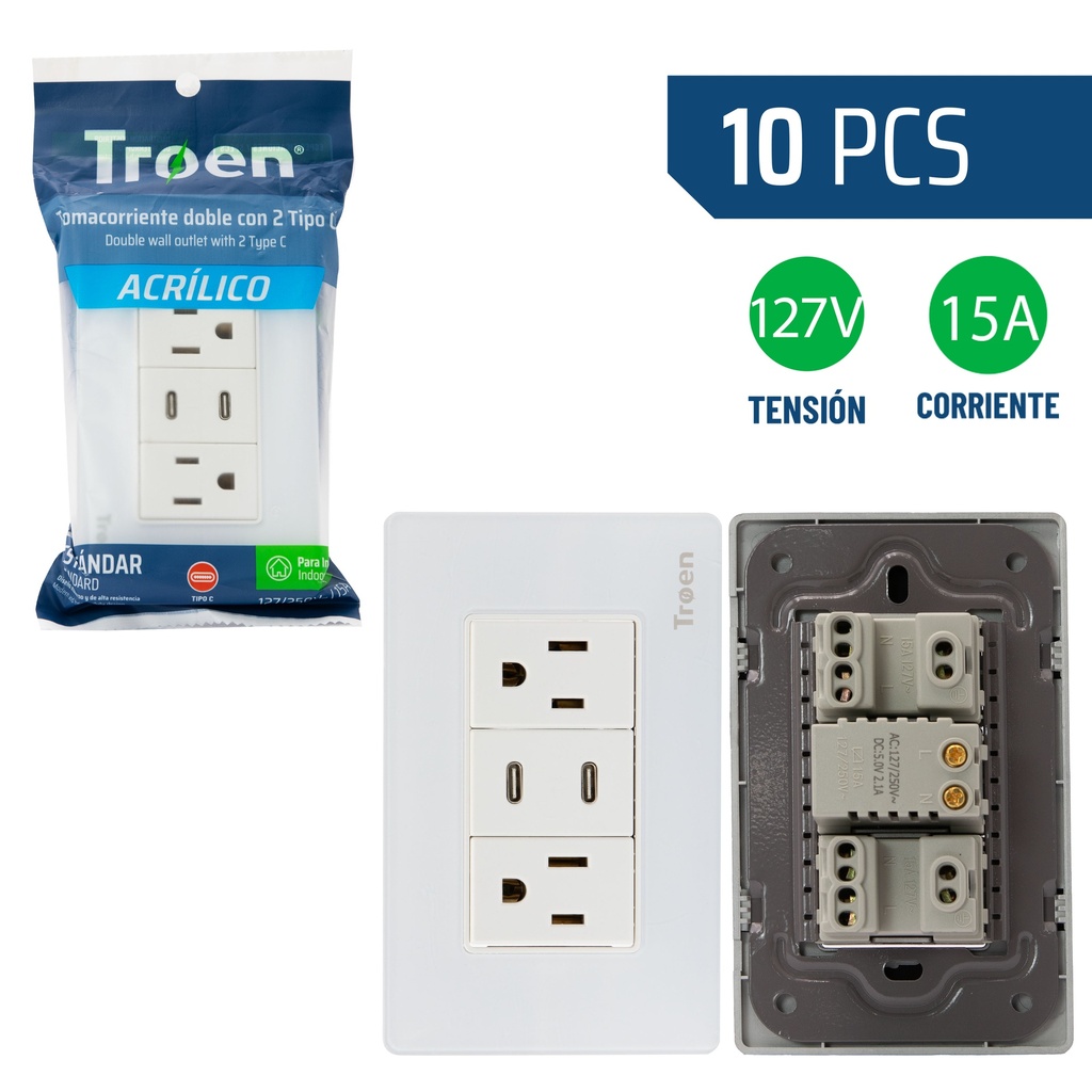 TOMA DOBLE C/TIERRA C/PUERTO TIPO C ACRILICO BLANCO TROEN 8-953