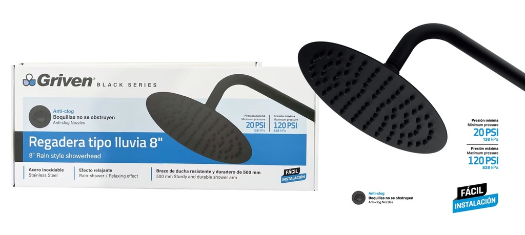 REGADERA REDONDA 8" GRIVEN BLACK 9-019