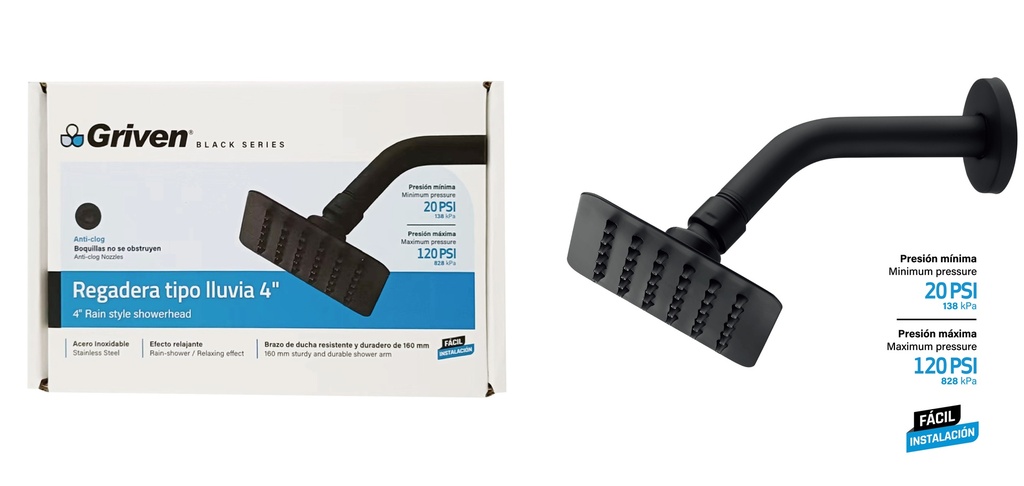 REGADERA CUADRADA 4" GRIVEN BLACK 9-028