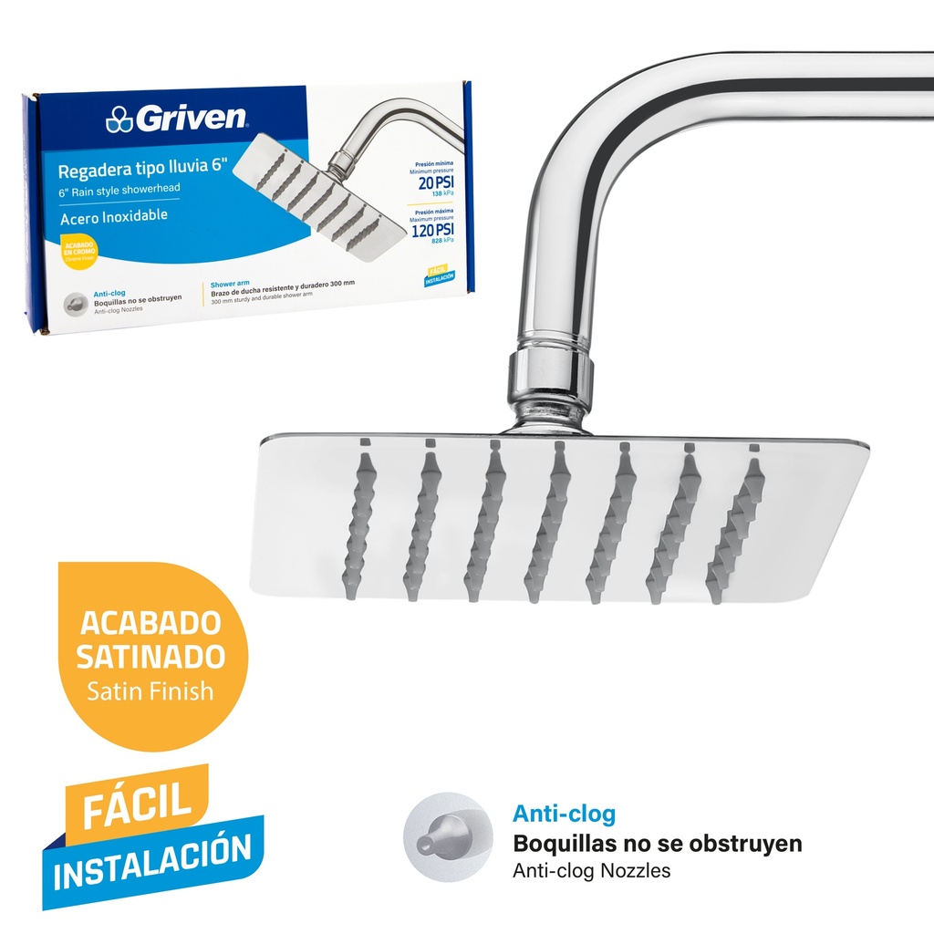REGADERA CUADRADA 6" GRIVEN 9-032
