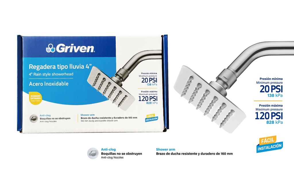 REGADERA CUADRADA 4" SATIN GRIVEN 9-034
