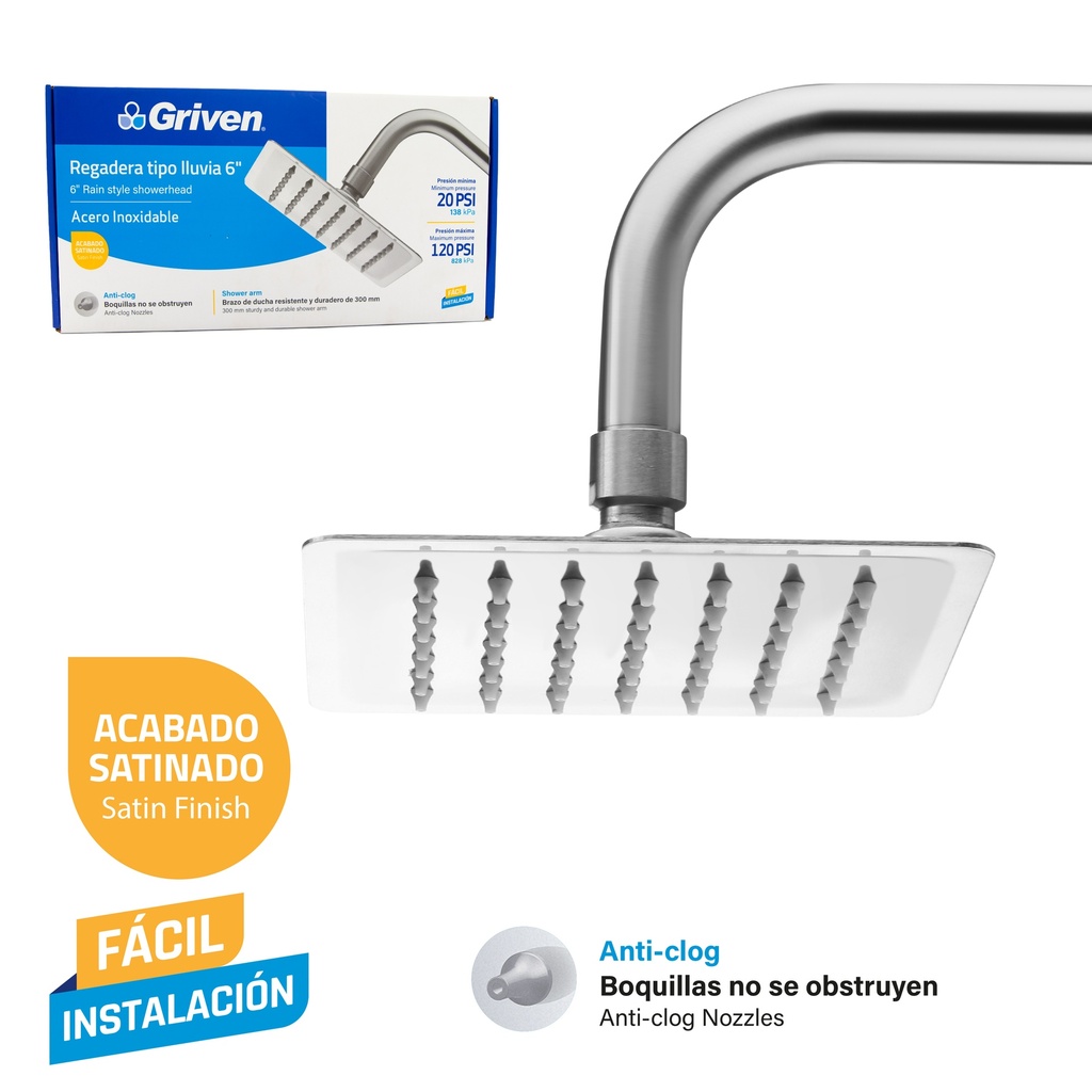 REGADERA CUADRADA 6" SATIN GRIVEN 9-035