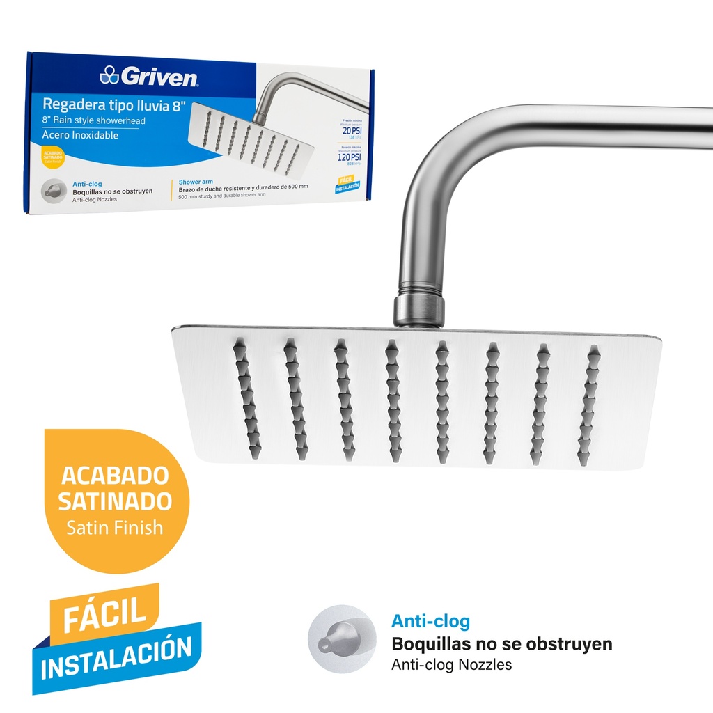 REGADERA CUADRADA 8" SATIN GRIVEN 9-036