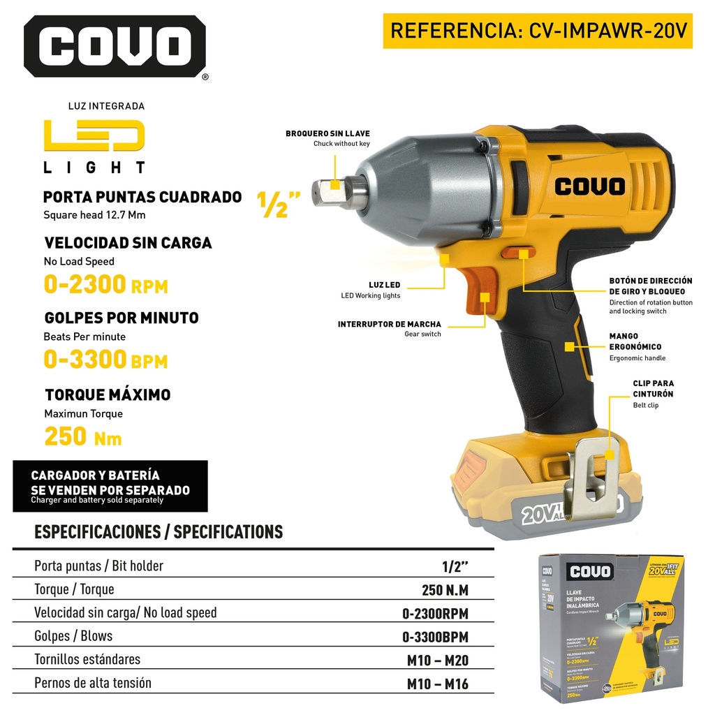 LLAVE DE IMPACTO INALAMBRICO 20V COVO 9-041