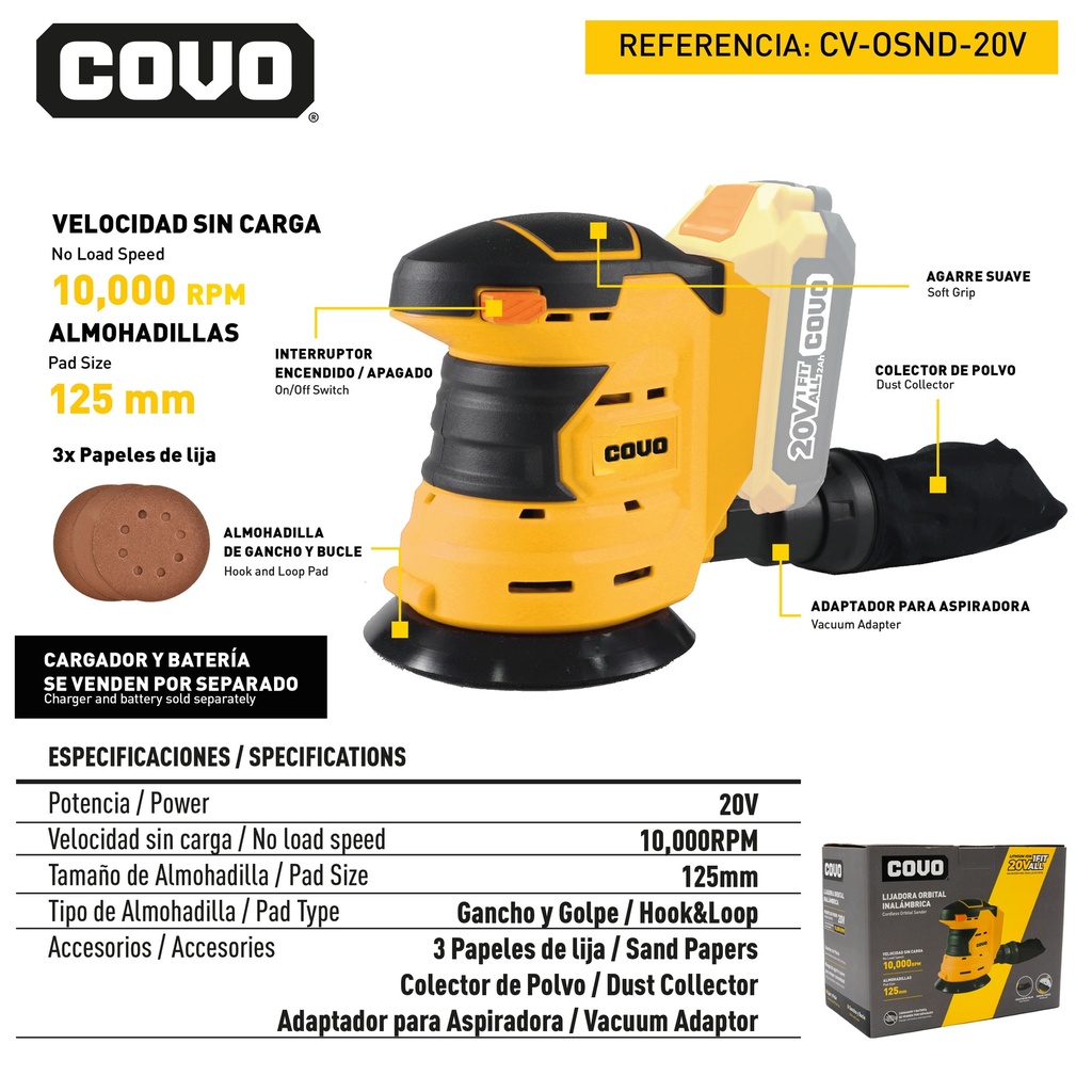 LIJADORA ORBITAL INALAMBRICO 20V COVO 9-042