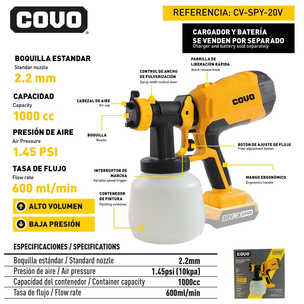 PISTOLA P/PINTAR INALAMBRICO 20V COVO 9-048