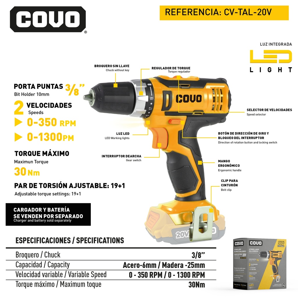 TALADRO INALAMBRICO 3/8 20V COVO 9-049