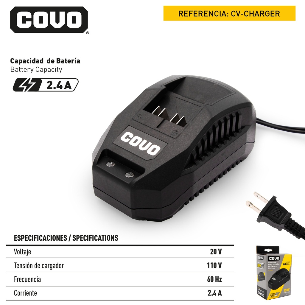 CARGADOR INDIVIDUAL 2.4 AMP 20V COVO 9-055