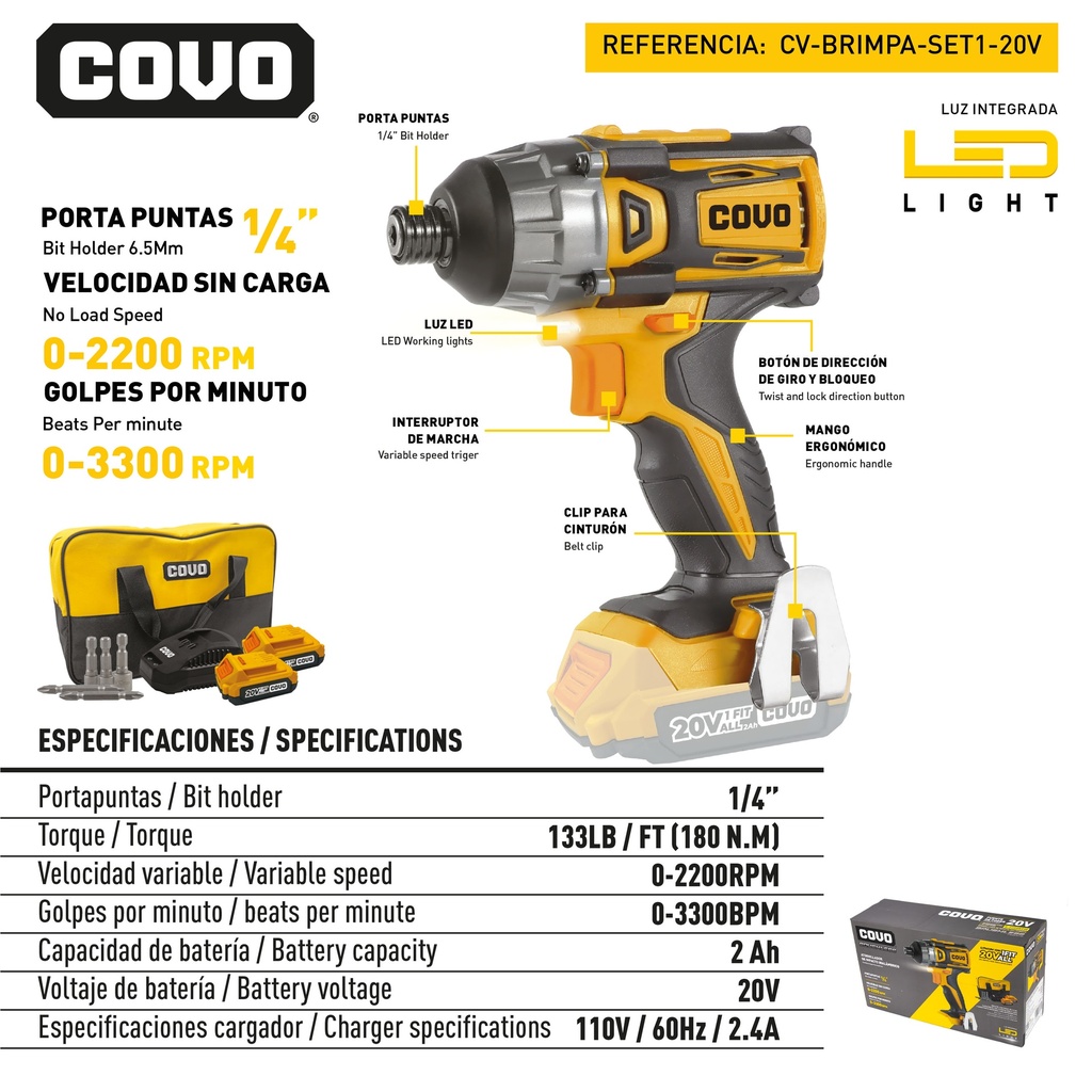 ATORNILLADOR DE IMPACTO INALAMBRICO 20V BRUSHLESS SET COVO 9-069