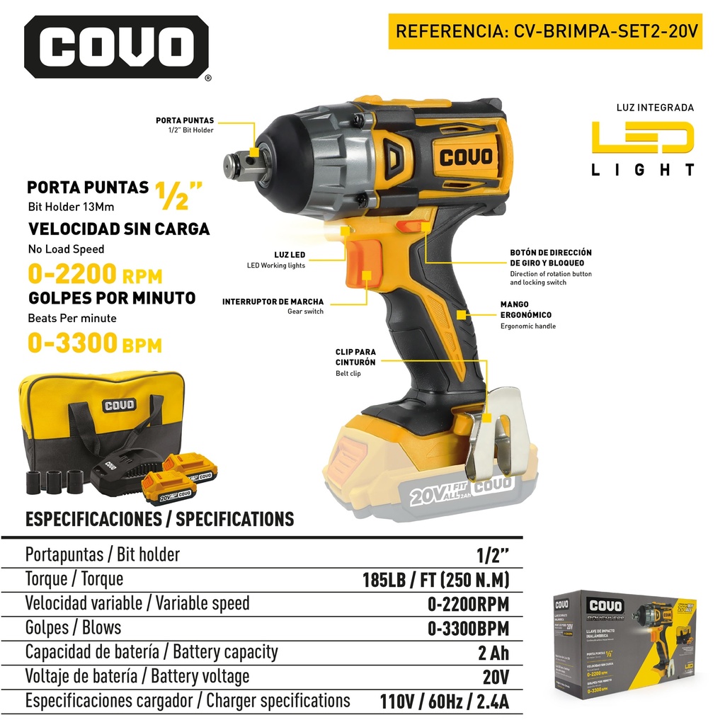 LLAVE DE IMPACTO INALAMBRICO 20V BRUSHLESS SET COVO 9-070