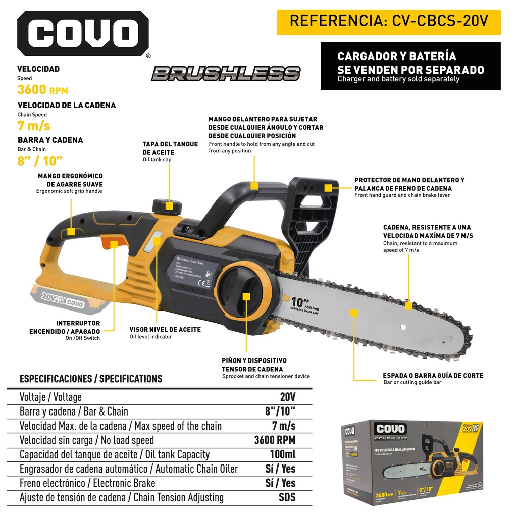 MOTOSIERRA INALAMBRICO 20V BRUSHLESS COVO 9-075