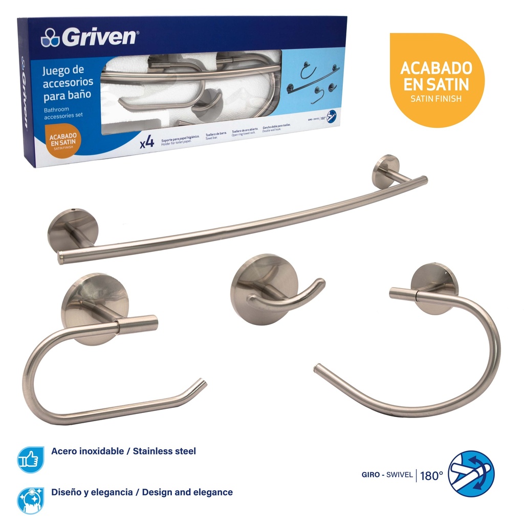 ACCESORIO DE BAÑO 4 PIEZAS METALICO GRIVEN 7-107