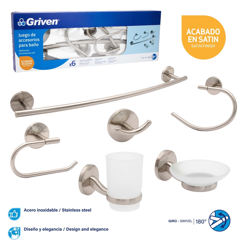 ACCESORIO DE BAÑO 6 PIEZAS METALICO GRIVEN 7-108