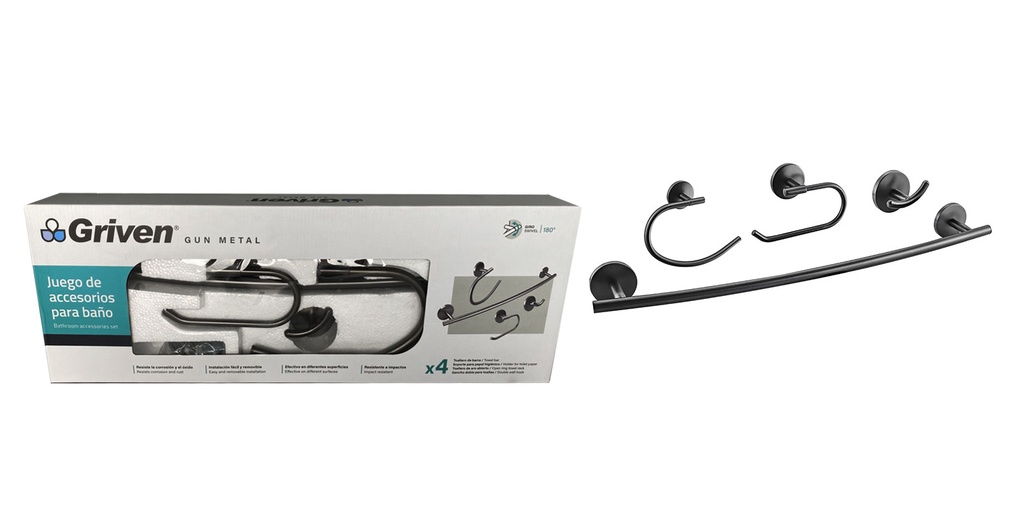 ACCESORIO DE BAÑO 4 PZA METALICO GRIVEN GUN METAL 7-122