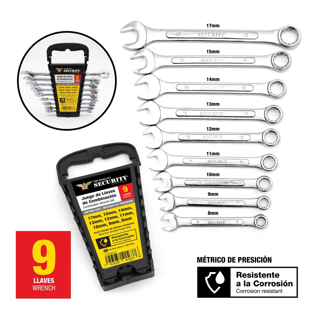 JUEGO DE LLAVES COMBINADAS MM x 9 UNID SECURITY 7-278