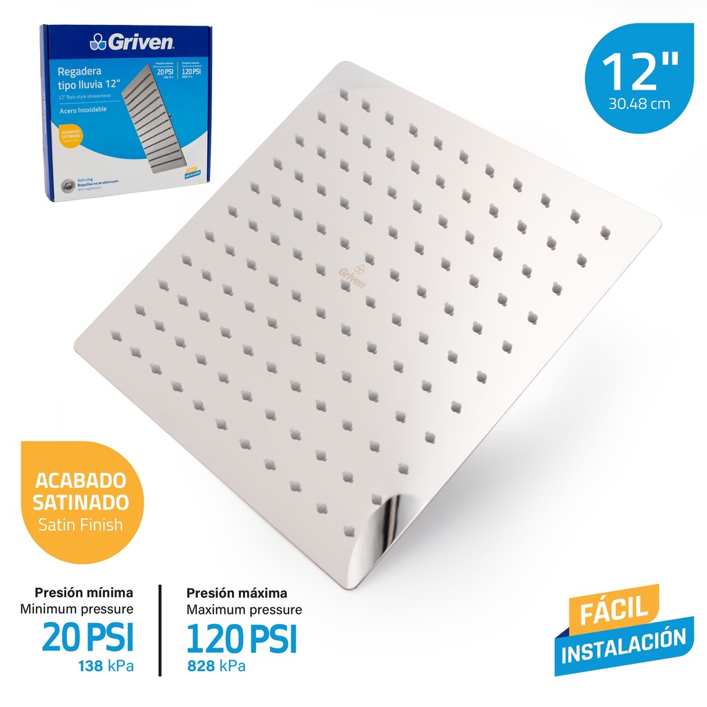 REGADERA CUADRADA SATINADA 12¨ GRIVEN 7-340