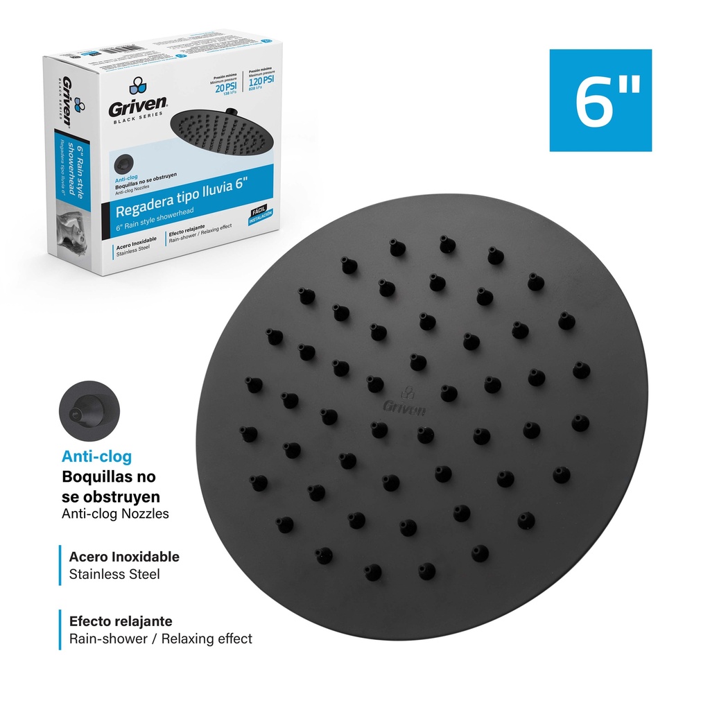 REGADERA REDONDA 6¨ GRIVEN BLACK 7-341