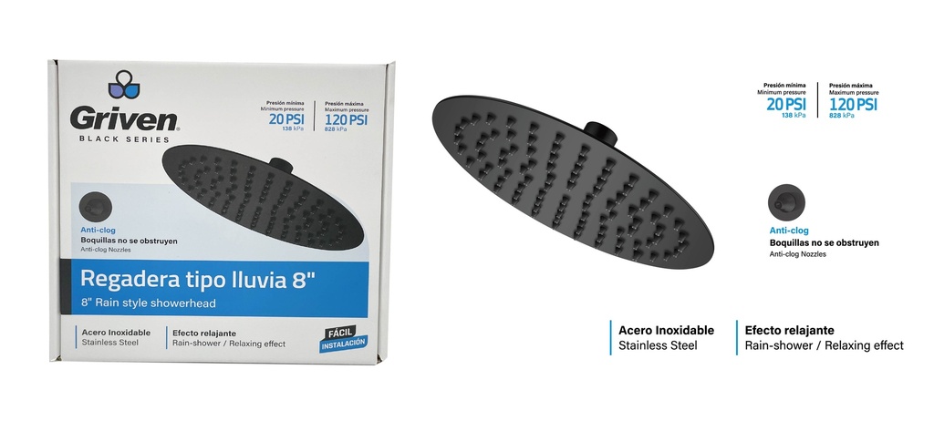 REGADERA REDONDA 8¨ GRIVEN BLACK 7-343