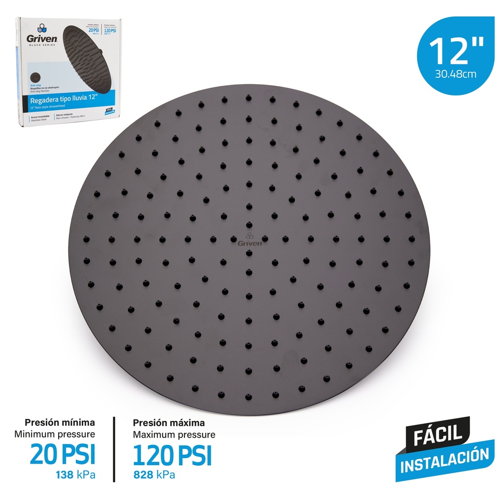 REGADERA REDONDA 12¨ GRIVEN BLACK 7-347