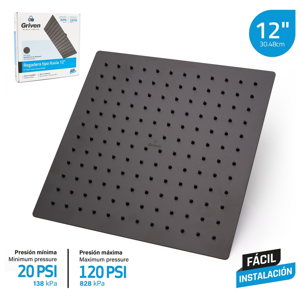 REGADERA CUADRADA 12¨ GRIVEN BLACK 7-348