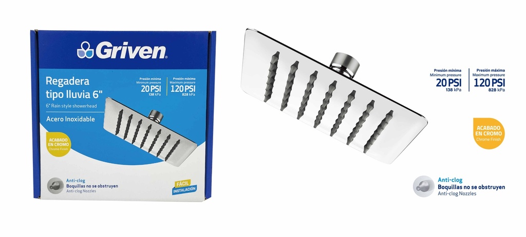 REGADERA CUADRADA 6" GRIVEN 7-435
