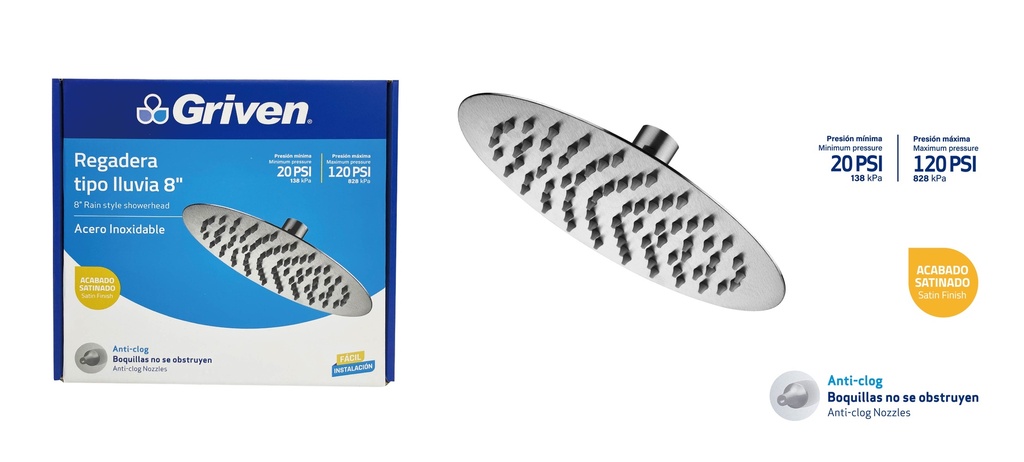 REGADERA REDONDA SATINADA 8" GRIVEN 7-444