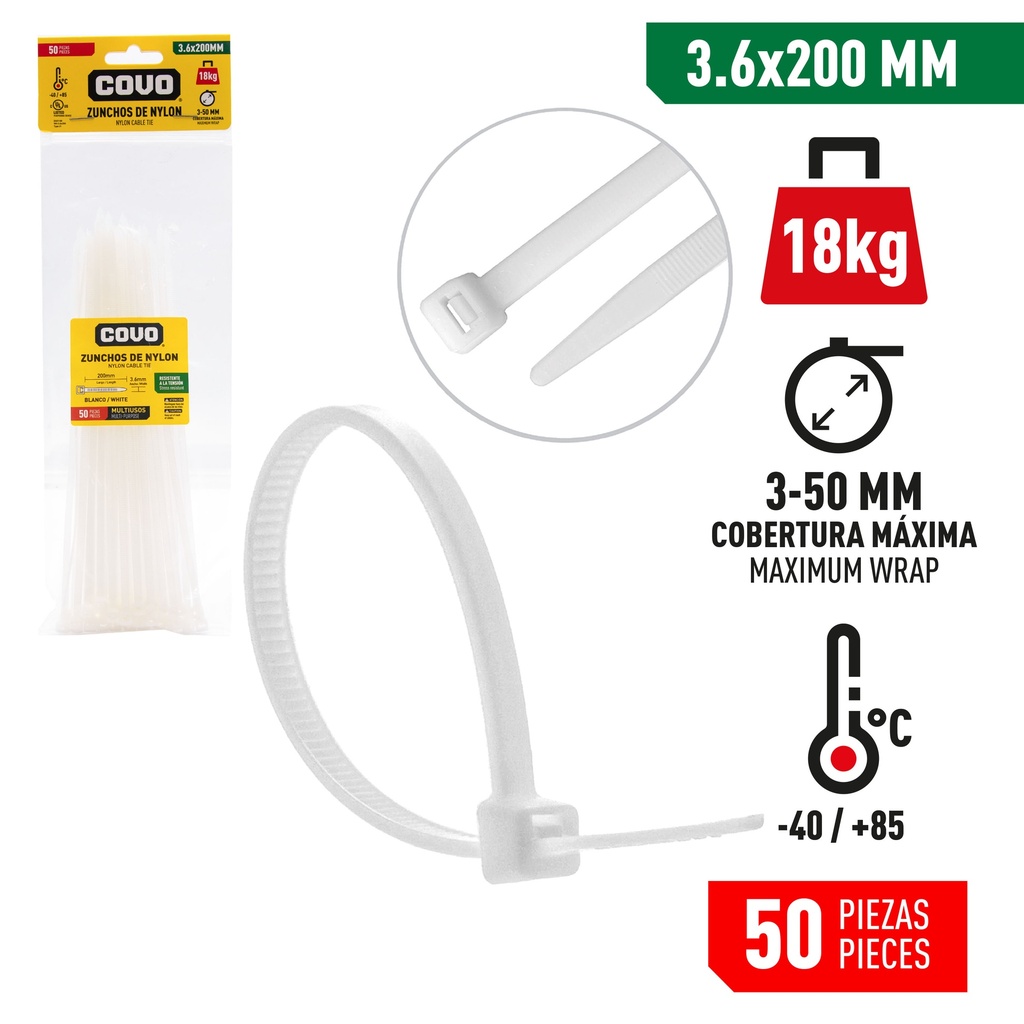 TIRRAP 3.6mm x 200mm x 100 UNID BLANCO COVO 7-470