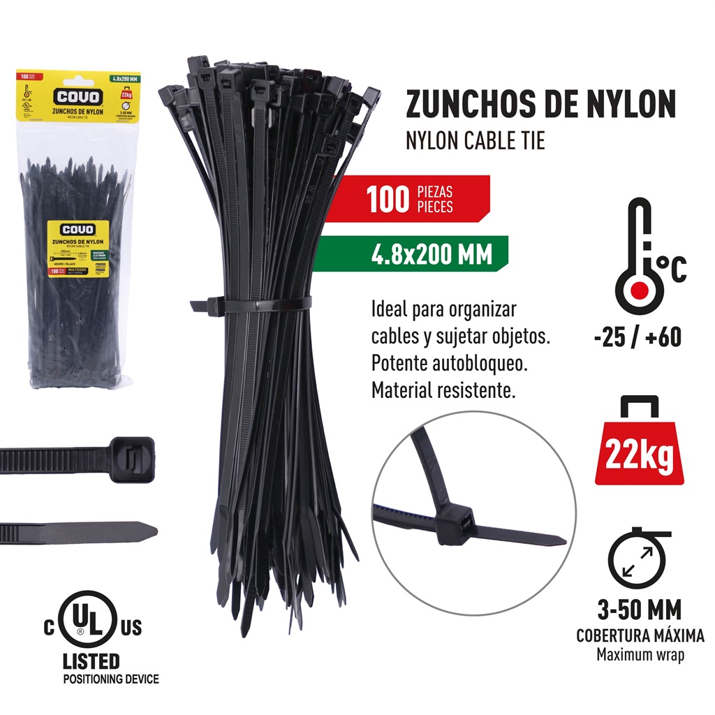 TIRRAP 4.8mm x 200mm x 100 UNID NEGRO COVO 7-471