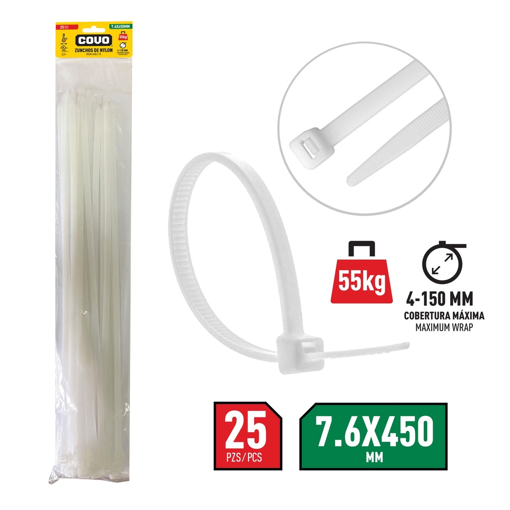 TIRRAP 7.6mm x 450mm x 25 UNID BLANCO COVO 7-474