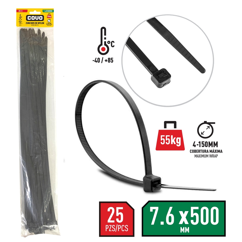 TIRRAP 7.6mm x 500mm x 25 UNID NEGRO COVO 7-475
