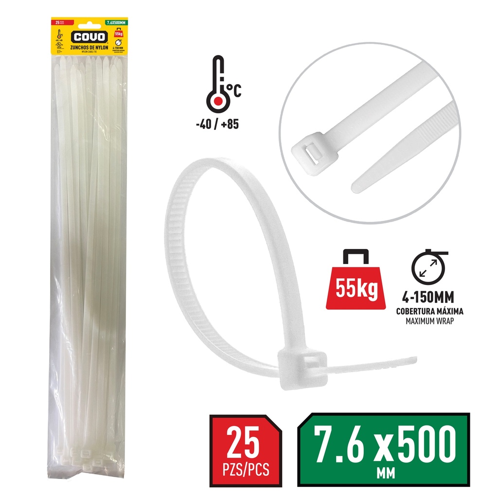 TIRRAP 7.6mm x 500mm x 25 UNID BLANCO COVO 7-476