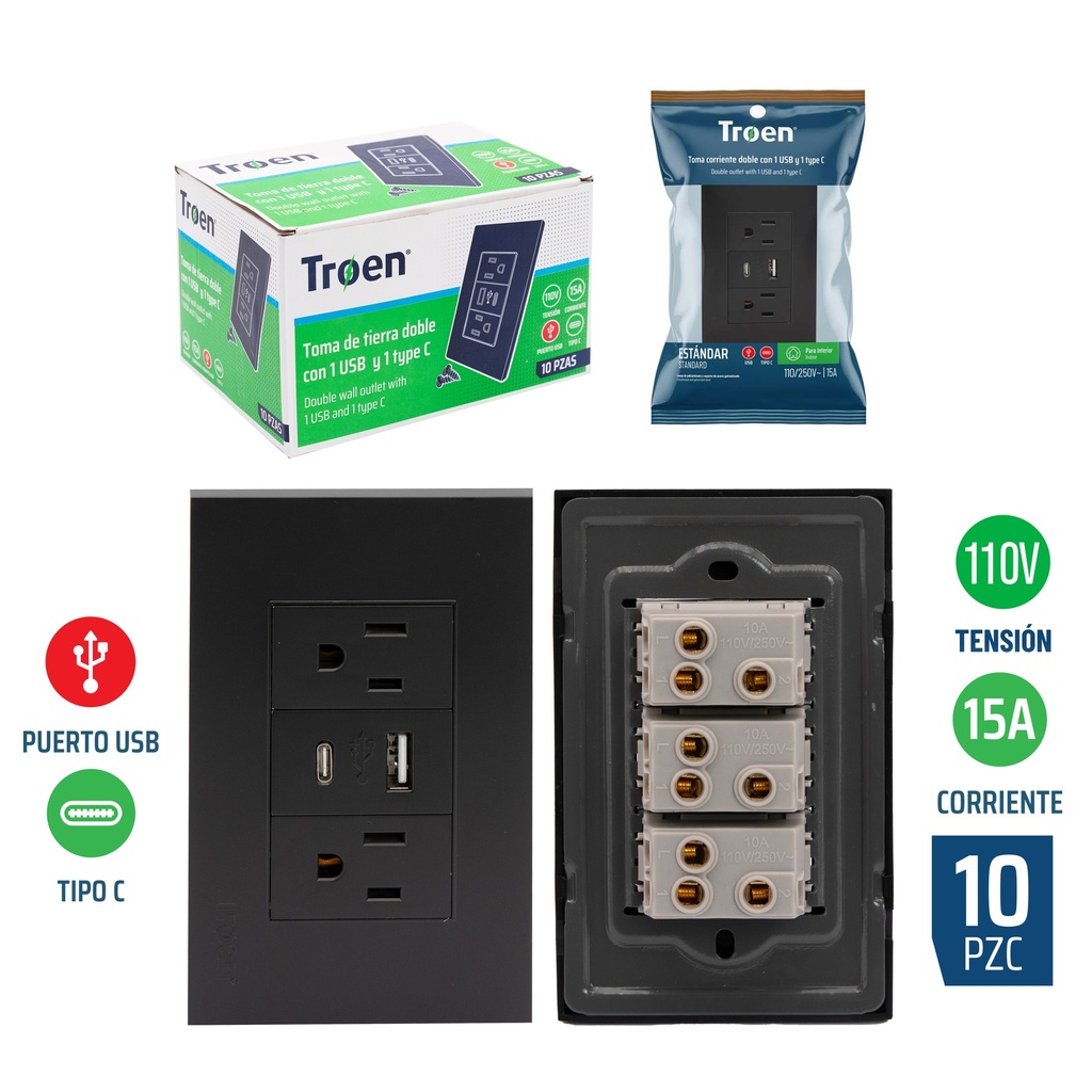 TOMA DOBLE C/TIERRA C/PUERTO USB + TIPO C NEGRO TROEN 7-534