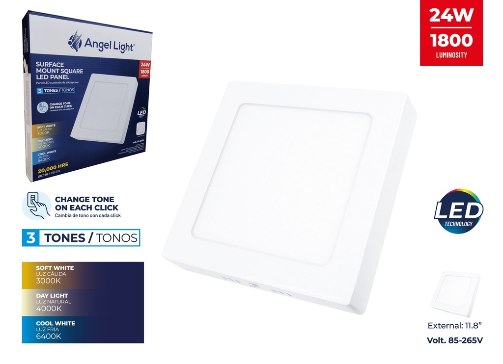 PANEL LED SUPER BLANC CUAD 24W 3 TONOS ANGEL LIGHT 7-613